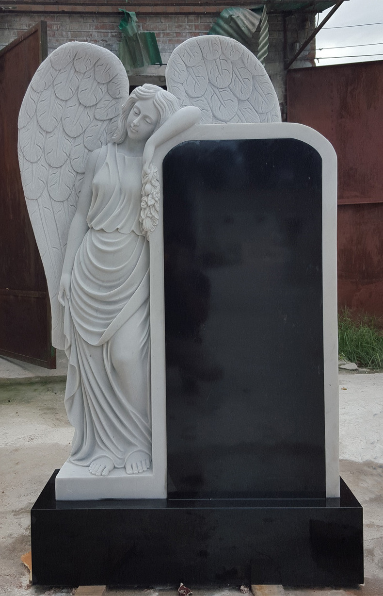 Custom White Marble Cross Gravestone Angel Engraving Tombstones and Headstones