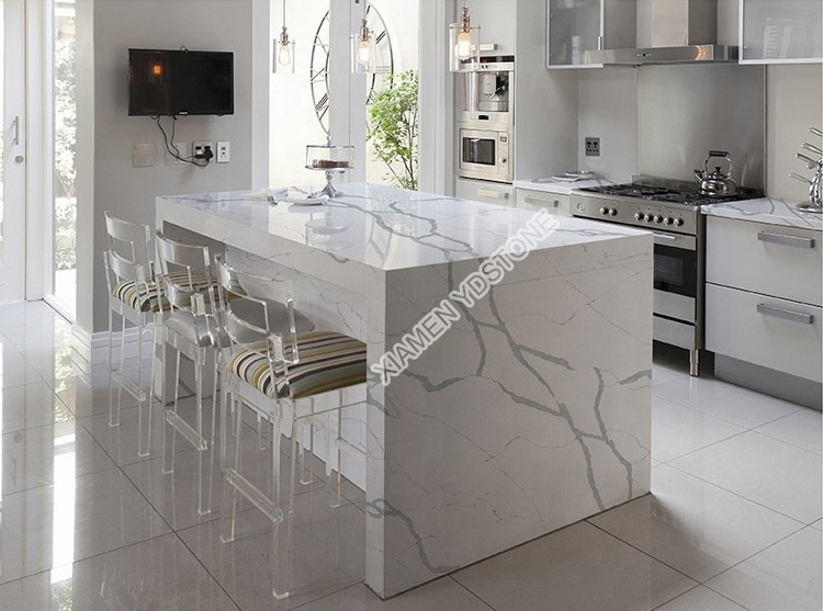 Artificial calcatta prefab kitchen white quartz countertop with grey veins