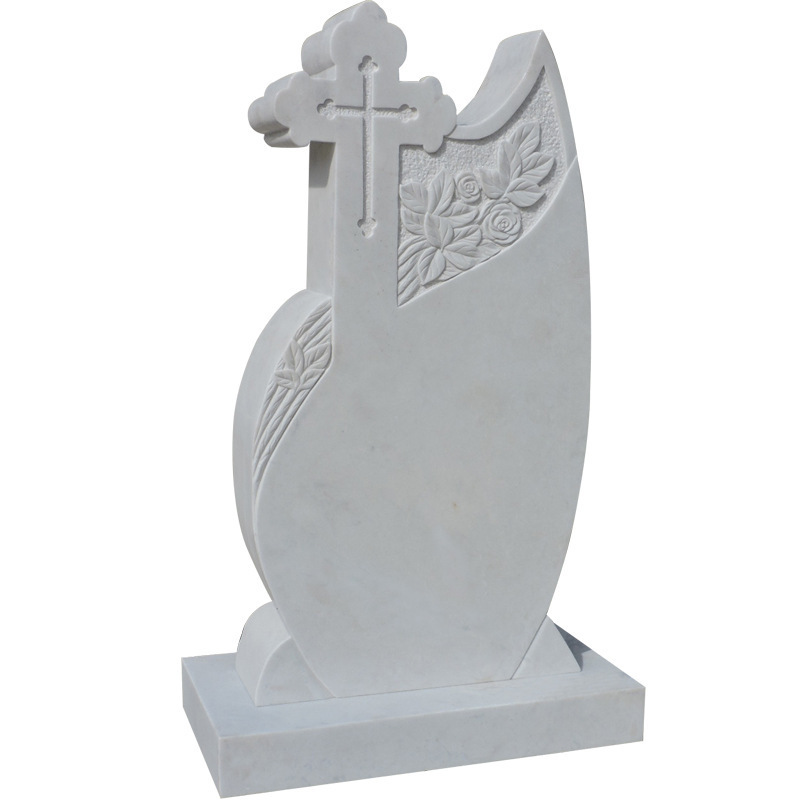 Custom White Marble Cross Gravestone Angel Engraving Tombstones and Headstones