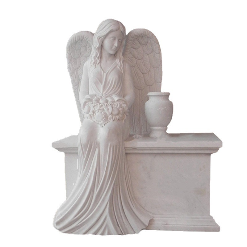 Custom White Marble Cross Gravestone Angel Engraving Tombstones and Headstones