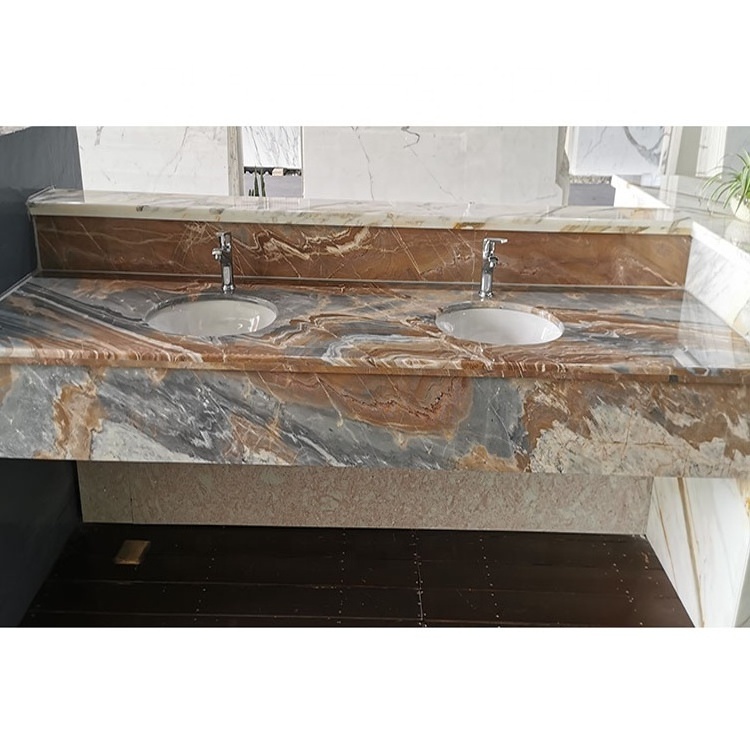 Blue marble stone vanity bathroom countertops with built in sinks