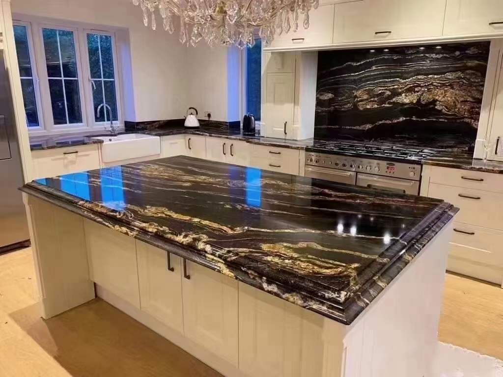 Luxury Polish Natural Stone Black Granite with Gold Veins for Kitchen Countertop