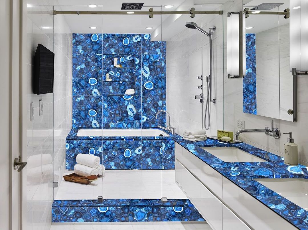 Luxury Natural Semi Precious Stone Flooring Tile Blue Agate Slabs Wall Panels