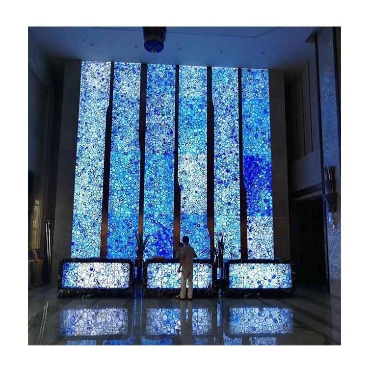 Luxury Natural Semi Precious Stone Flooring Tile Blue Agate Slabs Wall Panels