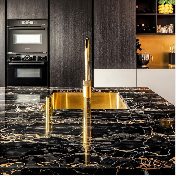 Luxury Polish Natural Stone Black Granite with Gold Veins for Kitchen Countertop