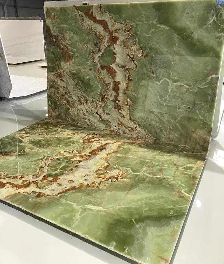 Polished Natural Light Onyx Marble Slab Translucent Dark Green Fossil Designs for Wall Decor Originates from China