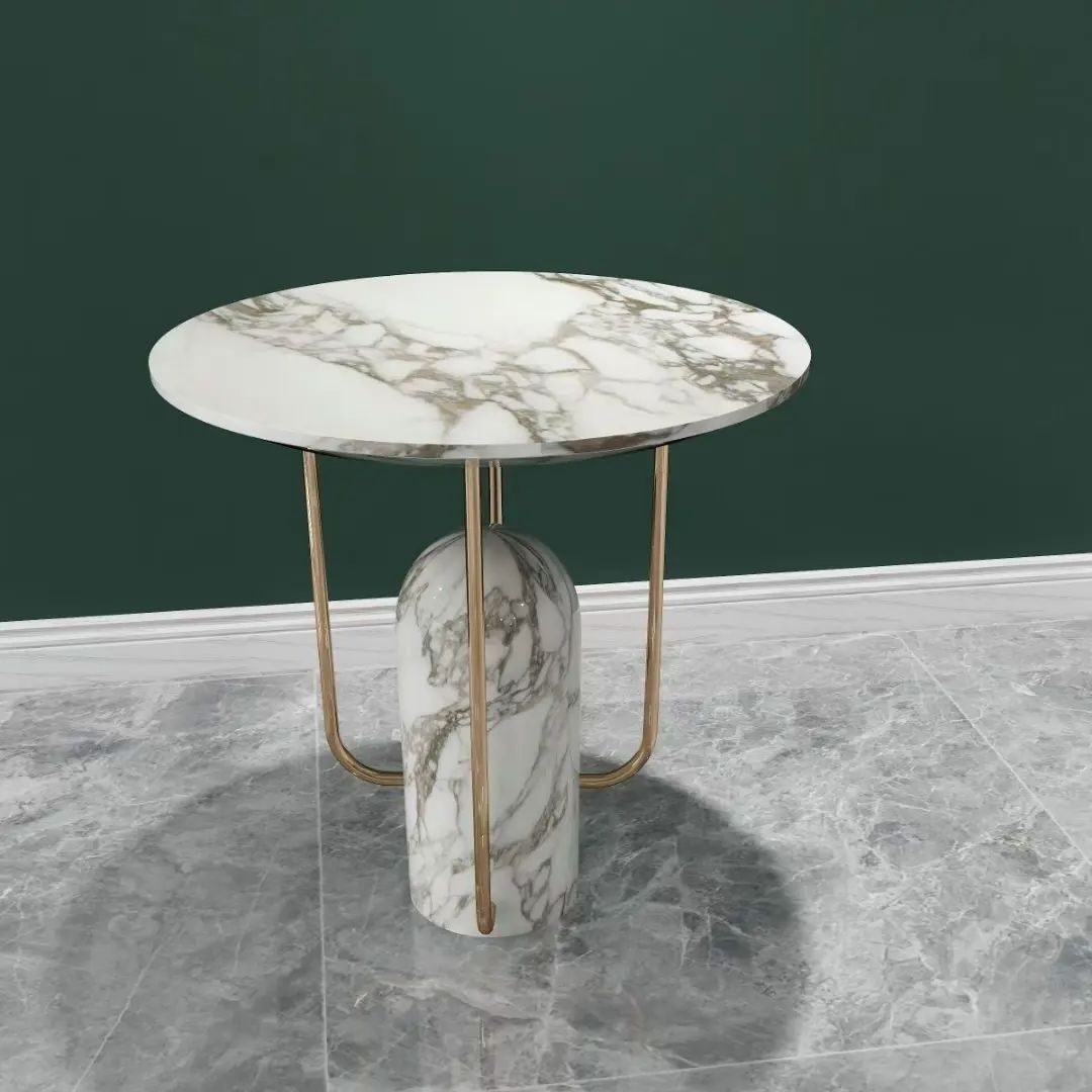 Luxury Bedroom Round Natural Calacatta Gold Marble Coffee Table with Stainless Steel Legs