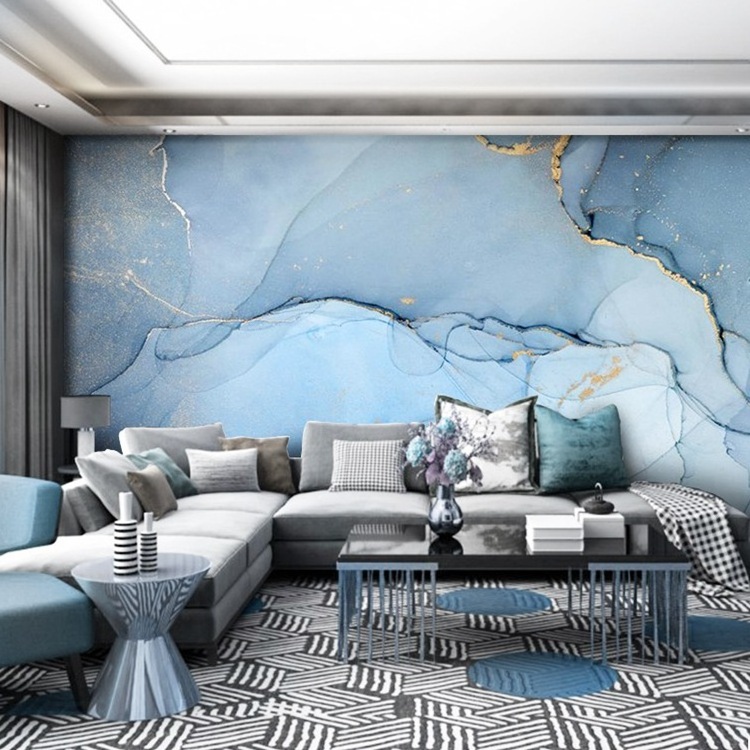 Modern light luxury blue gilt marble pattern mural Nordic TV background wall wallpaper