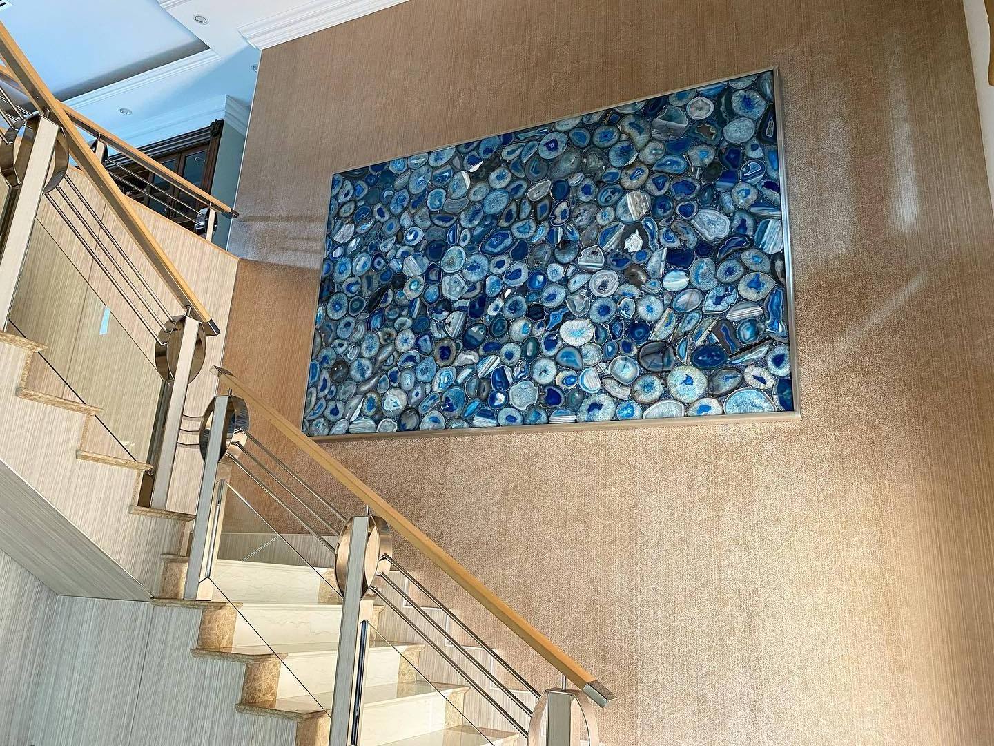 Luxury Natural Semi Precious Stone Flooring Tile Blue Agate Slabs Wall Panels