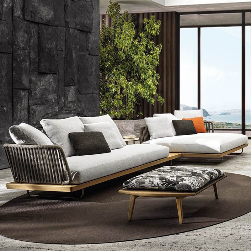 Modern Wood Sofa with Coffee Table Nordic Style Luxury Sofa Set for Villa Courtyard