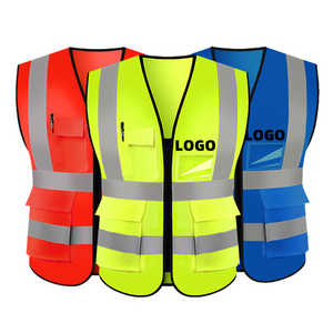 Custom Logo Hi Vi Reflective Road Safety Vest Construction Work High Visibility Motorcycle Security Reflect Jacket with Pocket