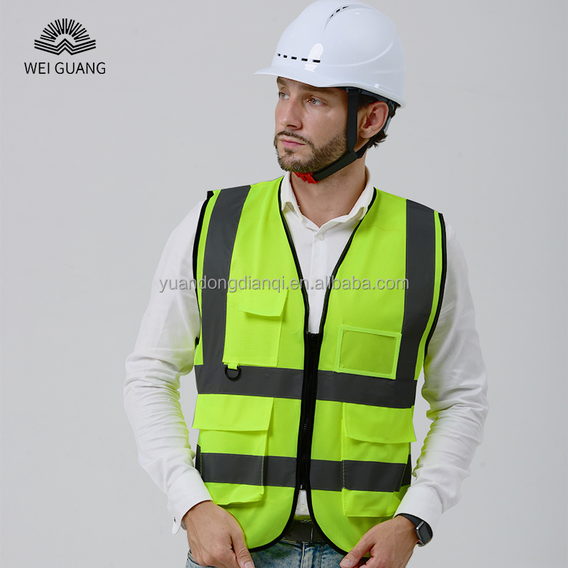 Wholesale High Visibility Security Work Reflective Vest Construction Polyester Fabric Safety Jacket LOGO Customized with Pockets