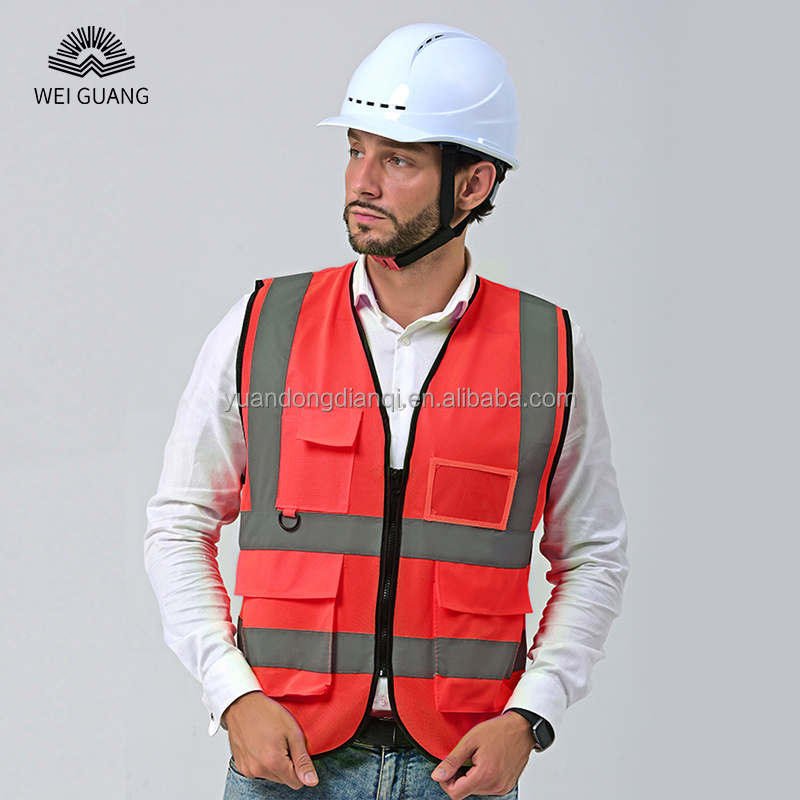 Wholesale High Visibility Security Work Reflective Vest Construction Polyester Fabric Safety Jacket LOGO Customized with Pockets