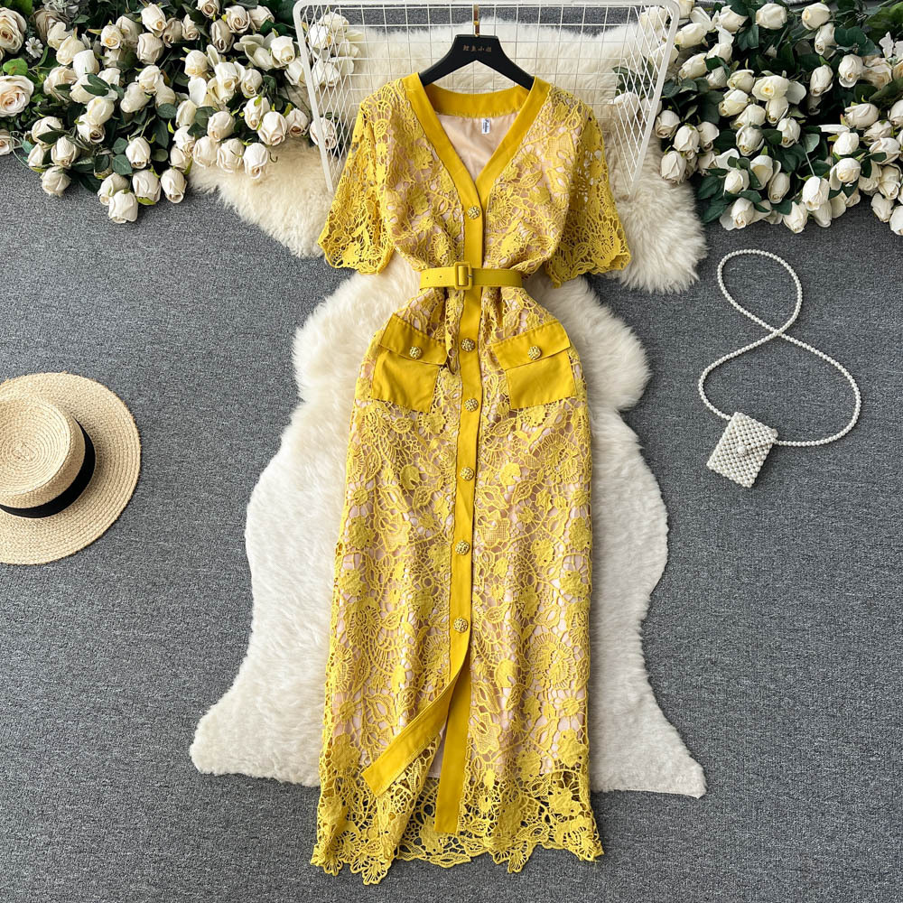 Wholesale 2023 Summer French Style Light Mature Style Single Breasted Waist Short Sleeve Lace Hollow Sexy Women's Dress