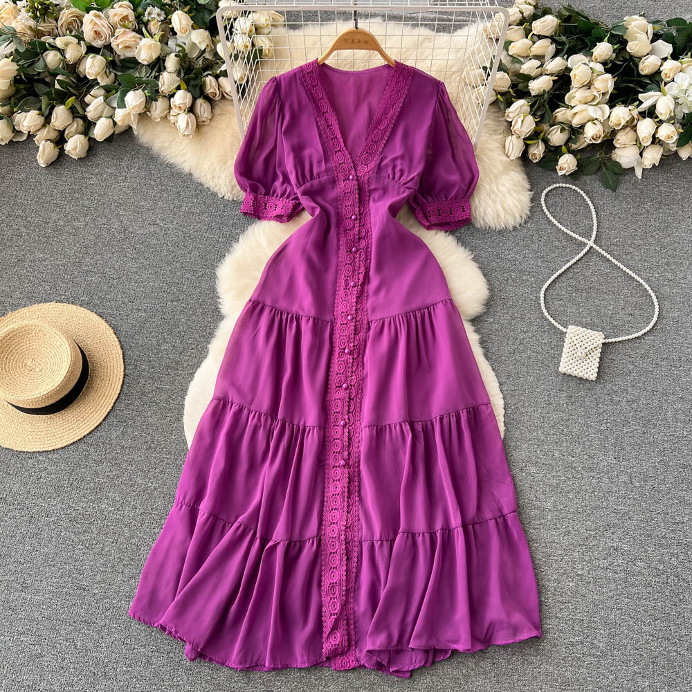 Wholesale 2023 Summer Swing Over Knee Pleated Long Dress V-Neck French Fairy Dress Waistband Holiday Beach Fairy Dress