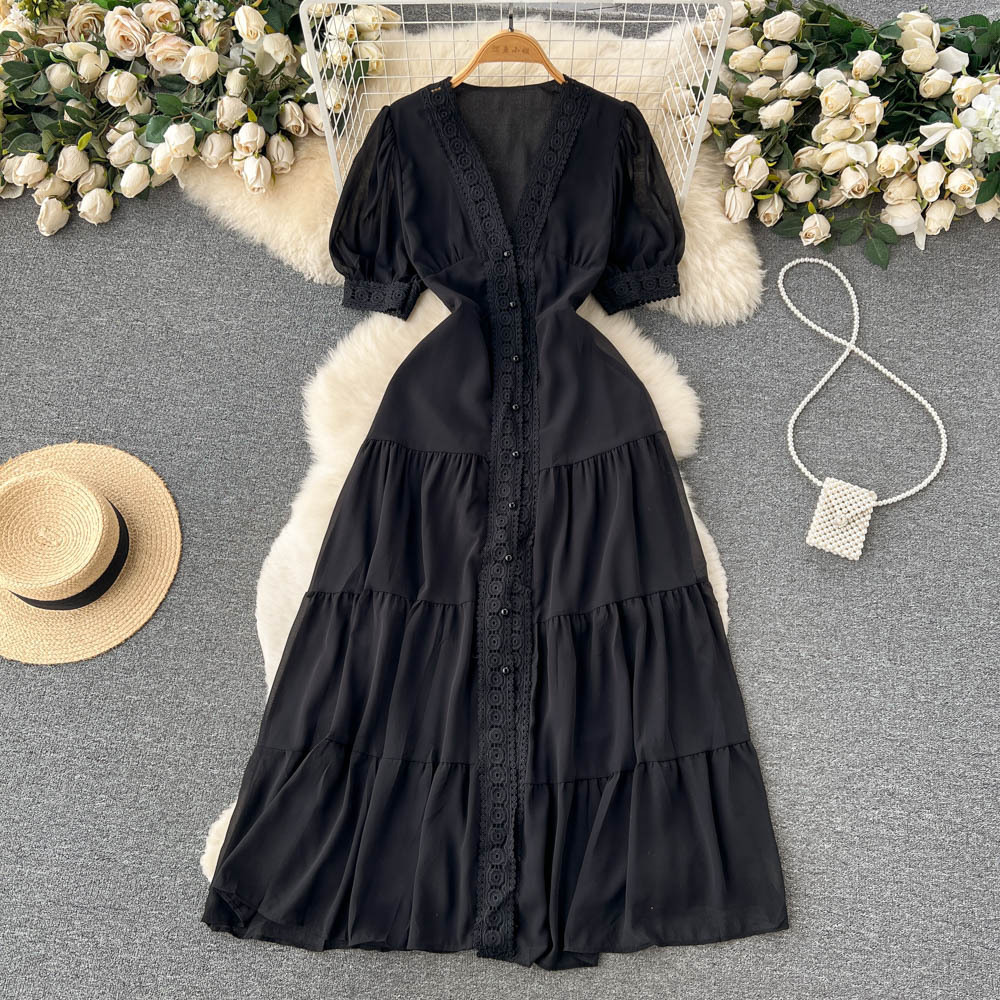 Wholesale 2023 Summer Swing Over Knee Pleated Long Dress V-Neck French Fairy Dress Waistband Holiday Beach Fairy Dress