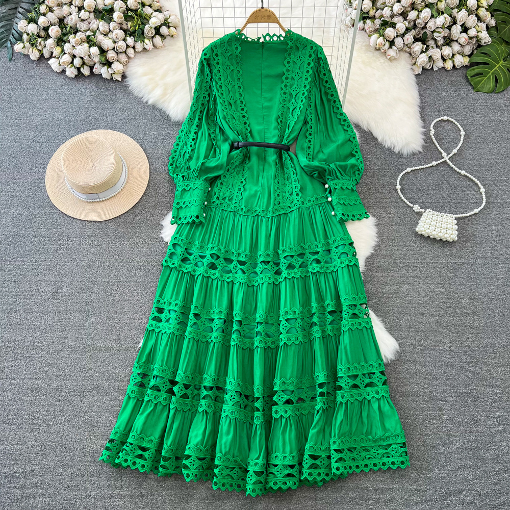 Wholesale 2023 Autumn New Style Temperament Long Sleeve Round Neck Waist Slim A-line Hollow Lace Women's Dress