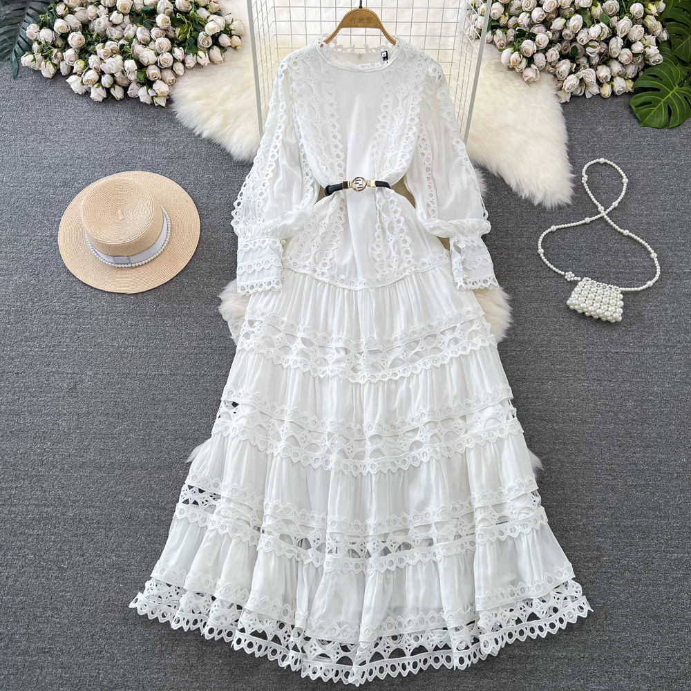 Wholesale 2023 Autumn New Style Temperament Long Sleeve Round Neck Waist Slim A-line Hollow Lace Women's Dress