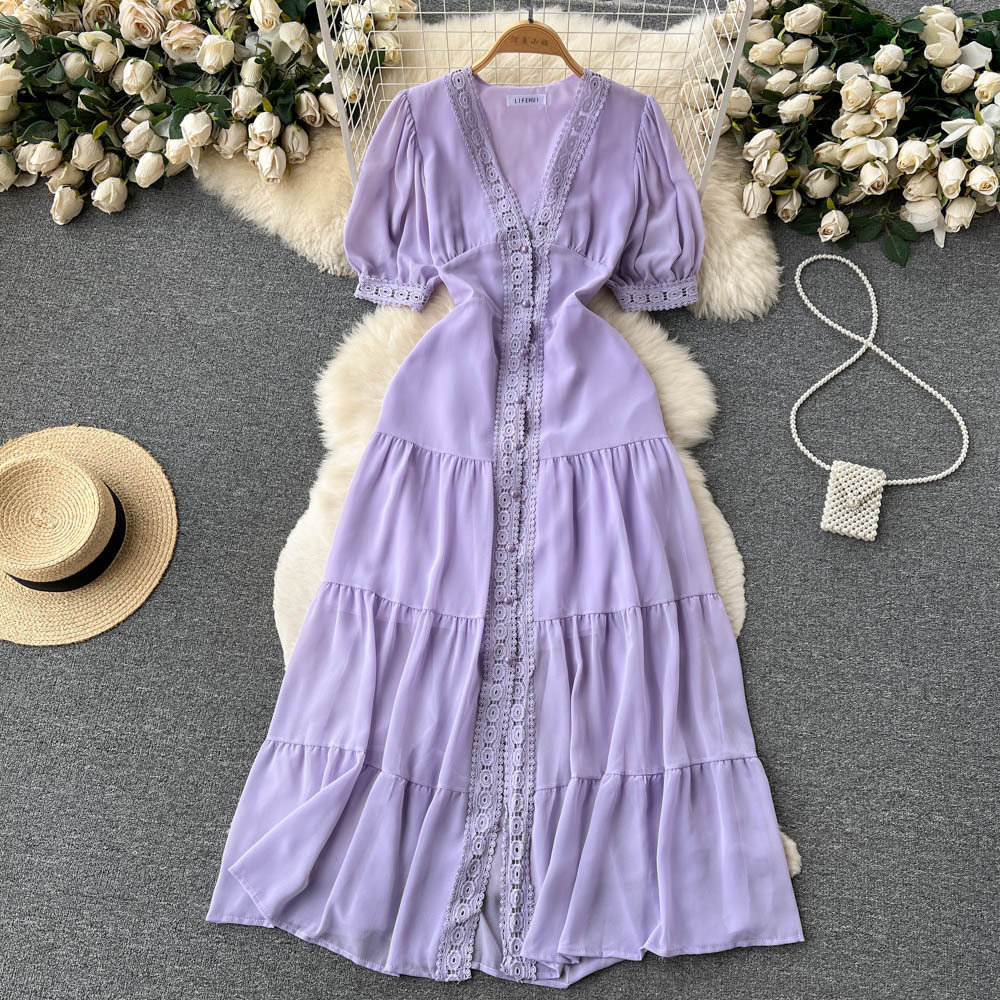 Wholesale 2023 Summer Swing Over Knee Pleated Long Dress V-Neck French Fairy Dress Waistband Holiday Beach Fairy Dress