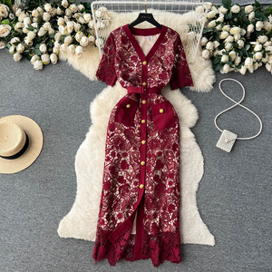 Wholesale 2023 Summer French Style Light Mature Style Single Breasted Waist Short Sleeve Lace Hollow Sexy Women's Dress