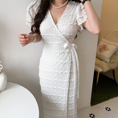 Wholesale 2023 Summer French  Style Lace Hook Elegant Style V-Neck Lace Up Waist Slim Women's Dress