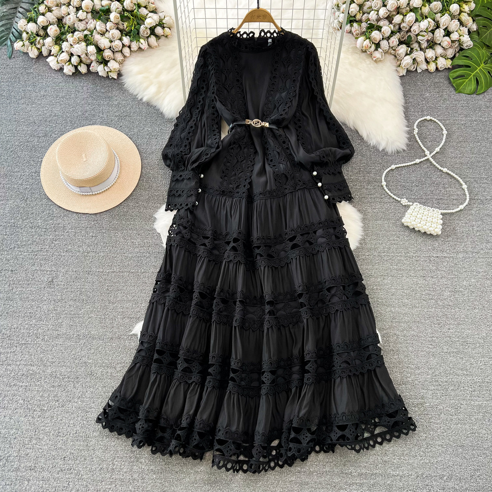 Wholesale 2023 Autumn New Style Temperament Long Sleeve Round Neck Waist Slim A-line Hollow Lace Women's Dress