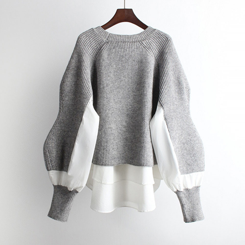 Wholesale 2020 Autumn and Winter Korean Casual Loose Pullover Sweater Fake Two-piece Sweater Elegant Temperament Ladies Sweater