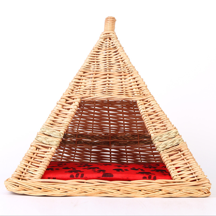 Nature Hand-knitting Osier Wicker Rattan Pet Bed &Tent &Canopy &Teepee for Dog Cat  with Cushion Pet Furniture