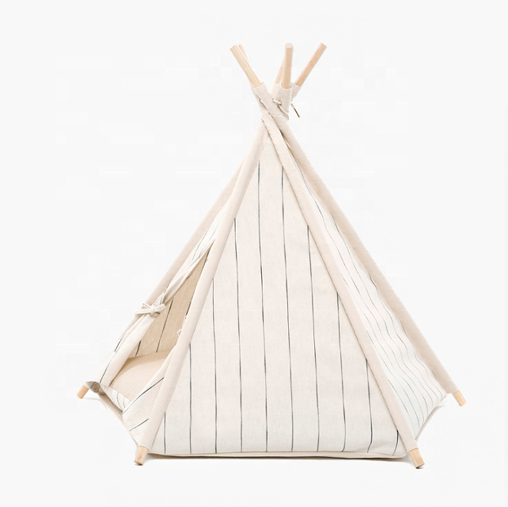 Lovely Summer Triangle Wooden  Pet Bed &Tent &House Cat Teepee for Dog and Cat with Cotton & Linen Cushion