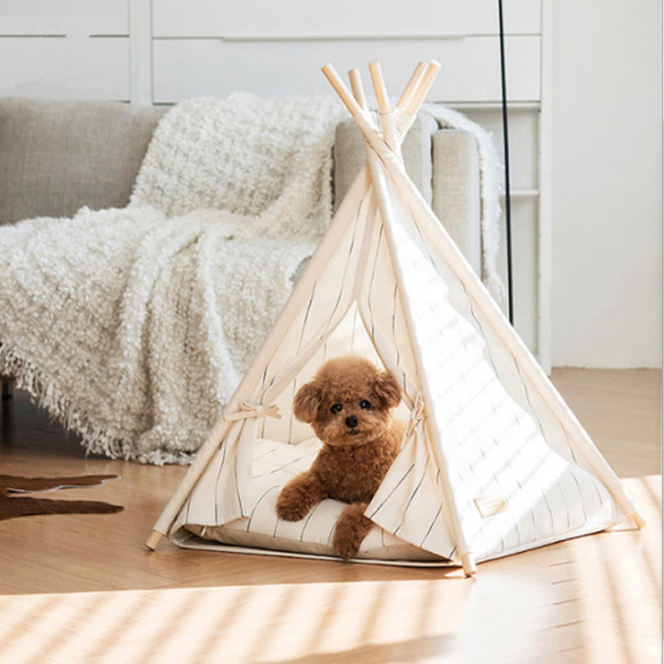 Lovely Summer Triangle Wooden  Pet Bed &Tent &House Cat Teepee for Dog and Cat with Cotton & Linen Cushion