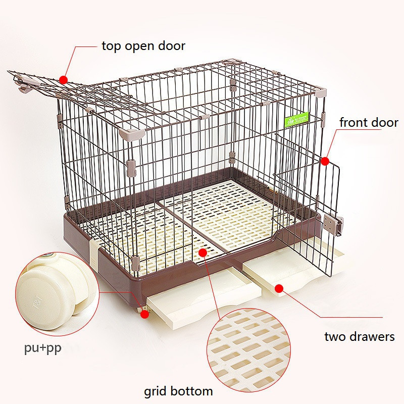 Hot Sale Dog Crate Kennel Double Bottom Trays Pet Cage with Wheels (M)