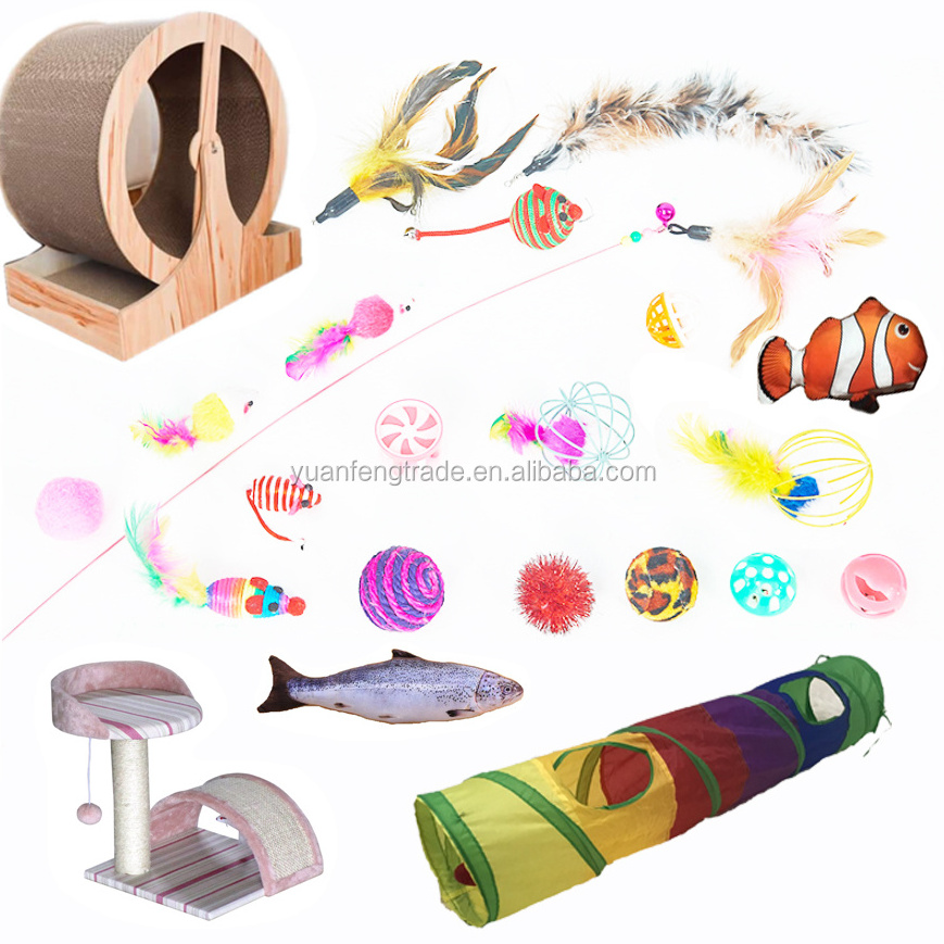 Cat accessories bundle for pet shop factory sale include feather, mice, fish, ball, tunnel one stop get all cat interactive toys