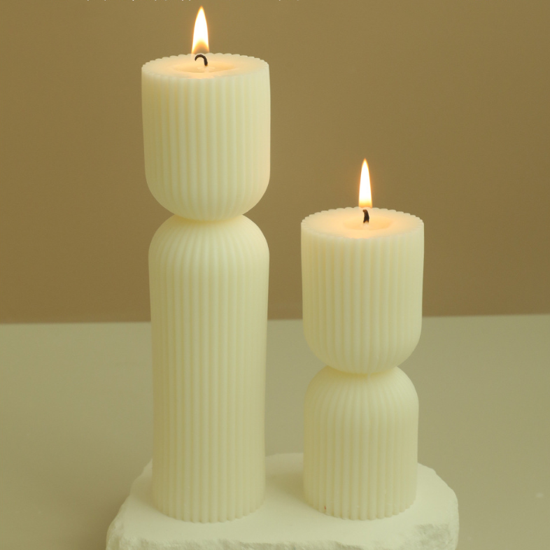 Large White Ribbed Pillar Geometric Shaped Scented Candles for Home Decor