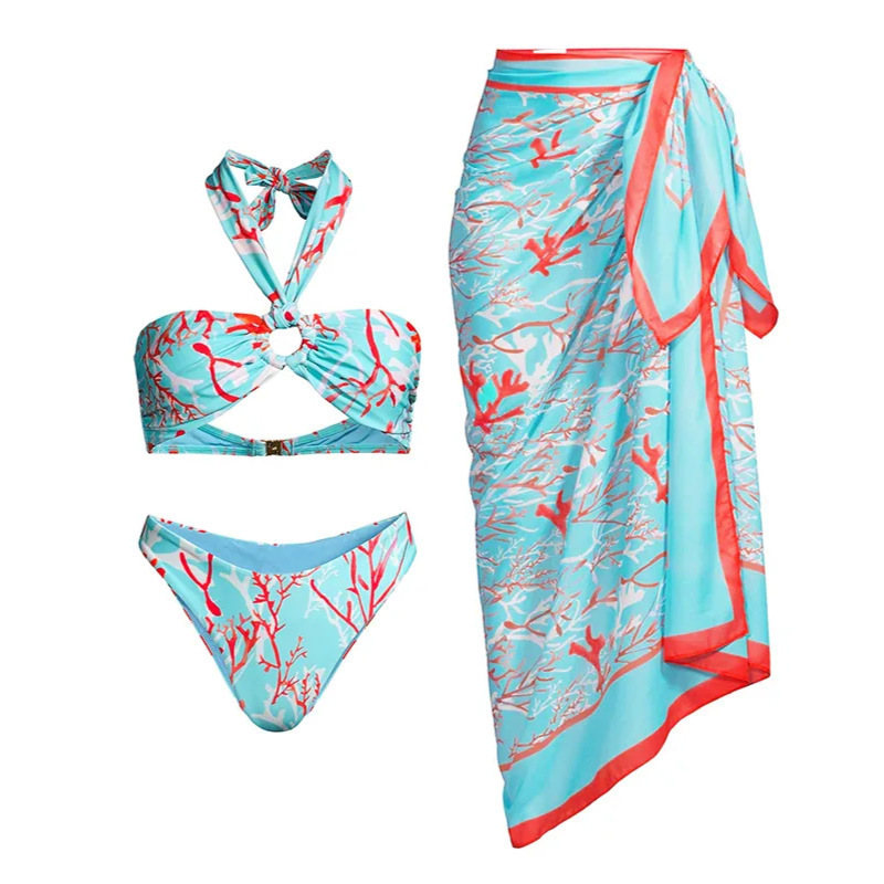 2024 Women's Light Blue Floral Printed Bandeau Halter Bikini Set Bathing Suit Ruched Two Piece Swimsuit