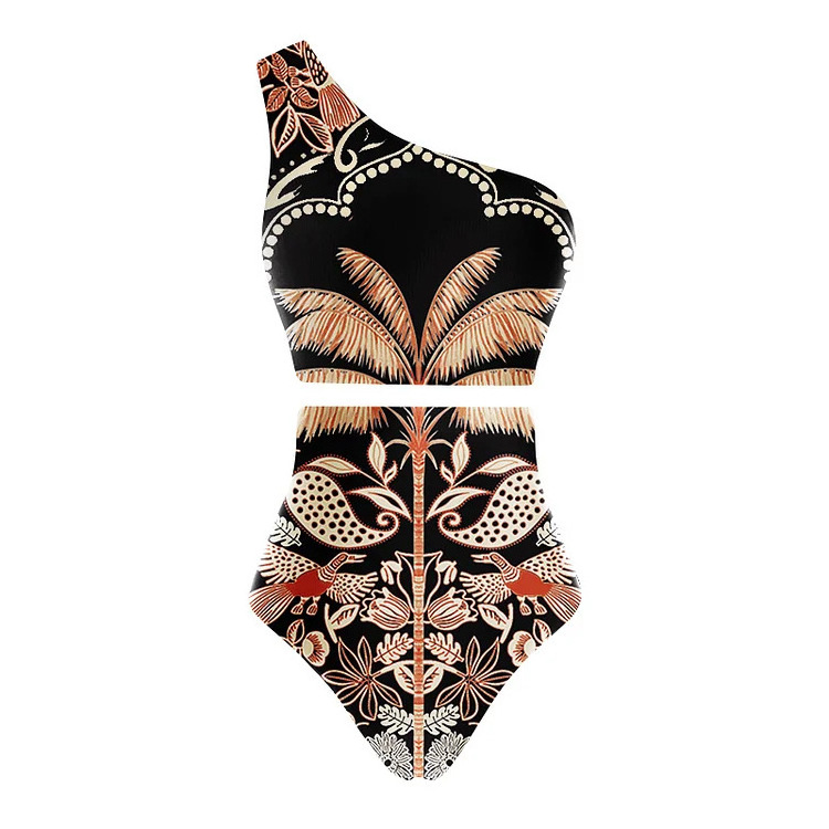 2024 Fashion Polynesian Tribal Print One Shoulder Women Two Piece Swimsuit Bikini Set Swimwear