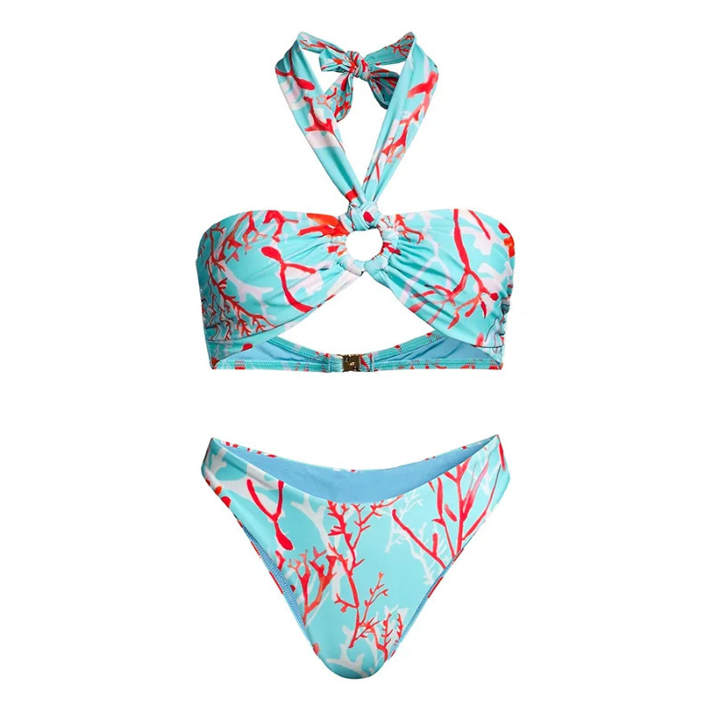 2024 Women's Light Blue Floral Printed Bandeau Halter Bikini Set Bathing Suit Ruched Two Piece Swimsuit