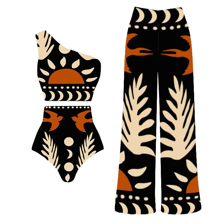 2024 Fashion Polynesian Tribal Print One Shoulder Women Two Piece Swimsuit Bikini Set Swimwear