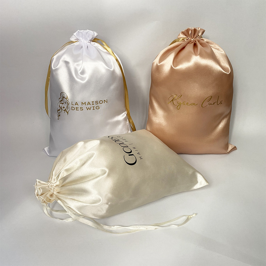 Custom Printed Logo Colorful Wigs Storage Bags Hair Draw String Wig Delivery Bundle Packaging Satin Silk Bags