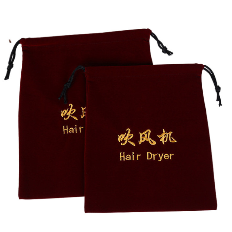 Custom Printed Logo High Quality Soft Black Velvet Hair Dryer Bag Drawstring Dust Bag