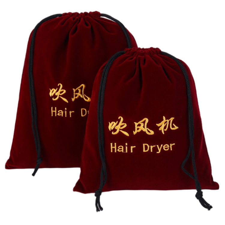 Custom Printed Logo High Quality Soft Black Velvet Hair Dryer Bag Drawstring Dust Bag