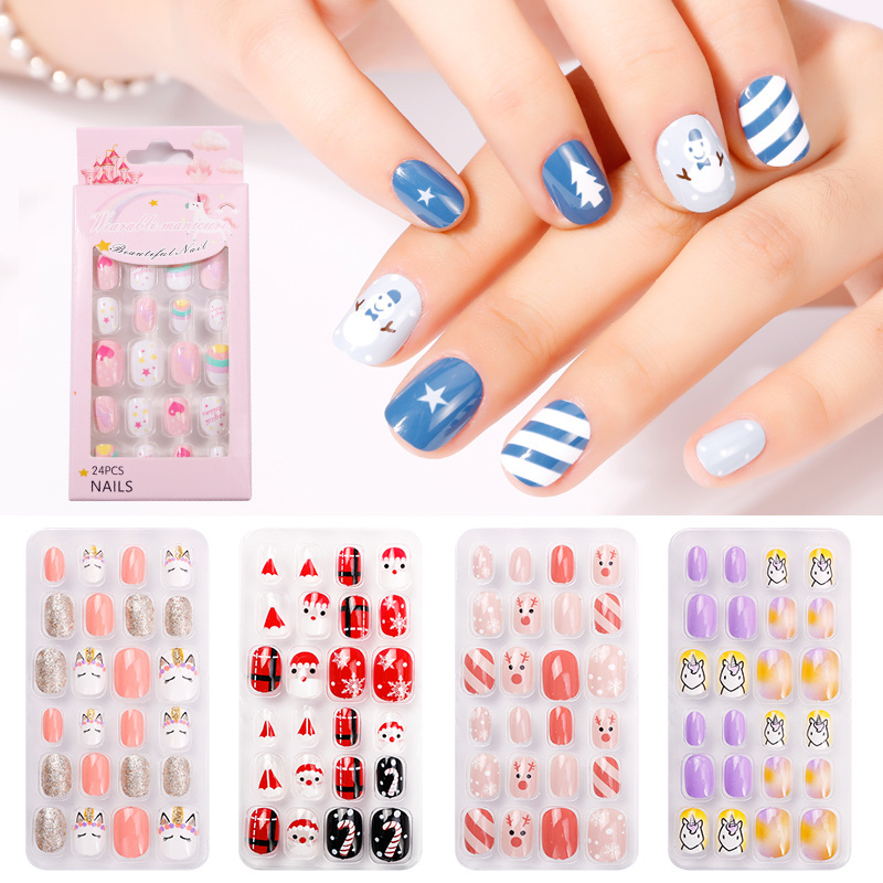 Children Mini False Nails Short Fake Nails with Designs Pre Glue Stick on Full Cover Kids Press on Nails