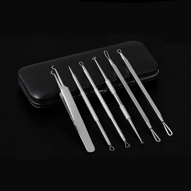 Blackhead Remover Tools Kit 6 PCS with Leather Bag Stainless Pimple Acne Blemish Removal Tools Set Curved Blackhead Tweezers Kit