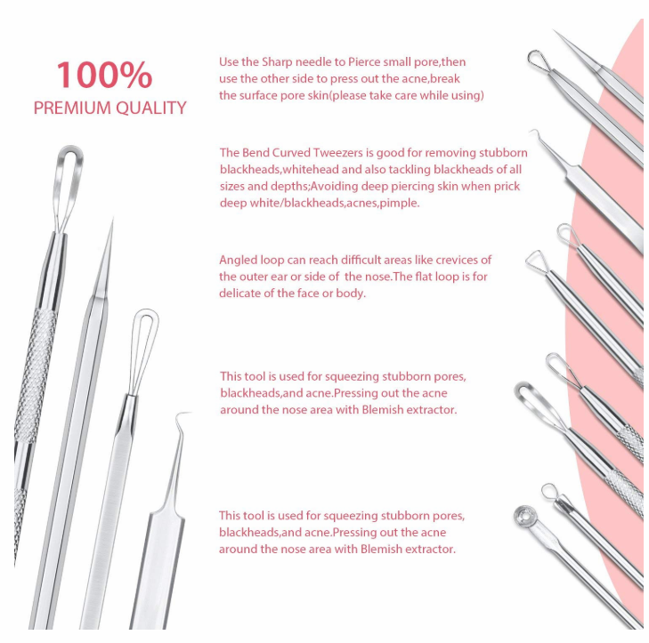 Blackhead Remover Tools Kit 6 PCS with Leather Bag Stainless Pimple Acne Blemish Removal Tools Set Curved Blackhead Tweezers Kit