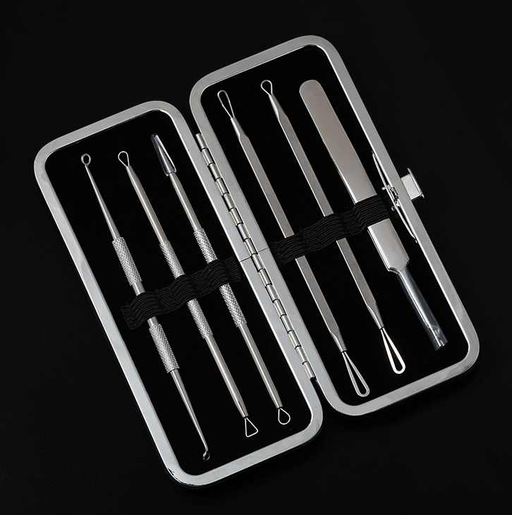 Blackhead Remover Tools Kit 6 PCS with Leather Bag Stainless Pimple Acne Blemish Removal Tools Set Curved Blackhead Tweezers Kit