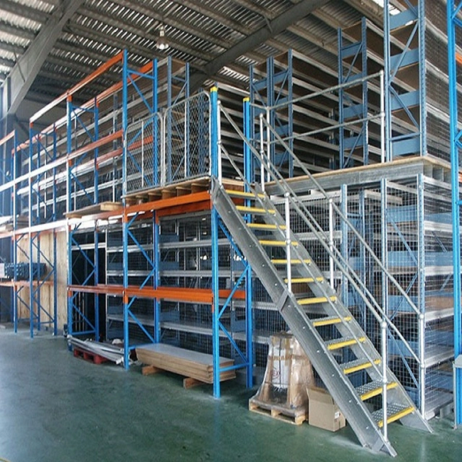 Warehouse Pallet Rack Attic Loft Garret multi-tier mezzanine racking with staircase