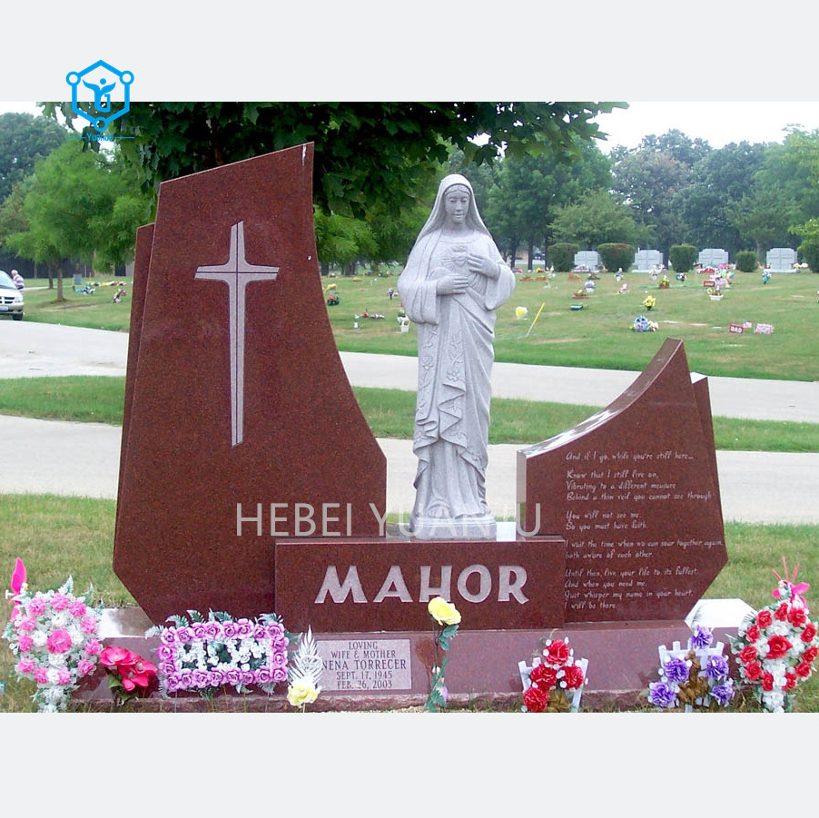 Carved Virgin statue gravestone Red granite cross gravestone