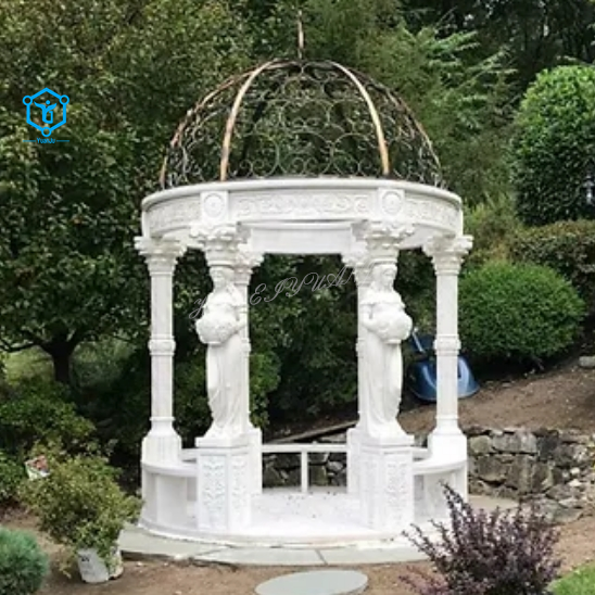 YUANJU Outdoor Garden decorated White Marble Pavilion Gazebo With Metal Roof