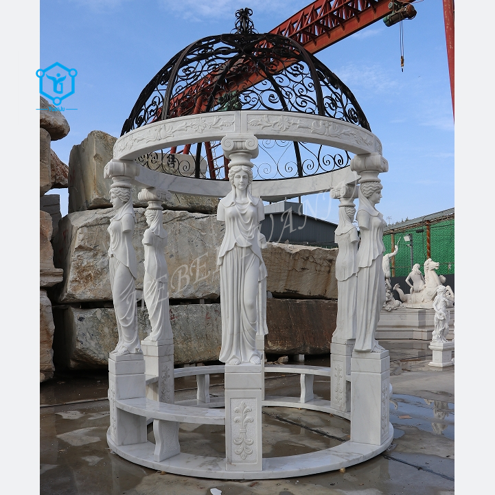 Red Marble Made Hand Carved Garden Roman Stone Gazebo Square Round Marble Gazebo with Woman Statue