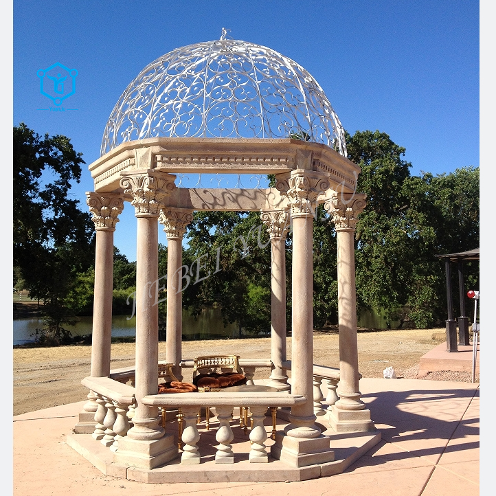 Red Marble Made Hand Carved Garden Roman Stone Gazebo Square Round Marble Gazebo with Woman Statue