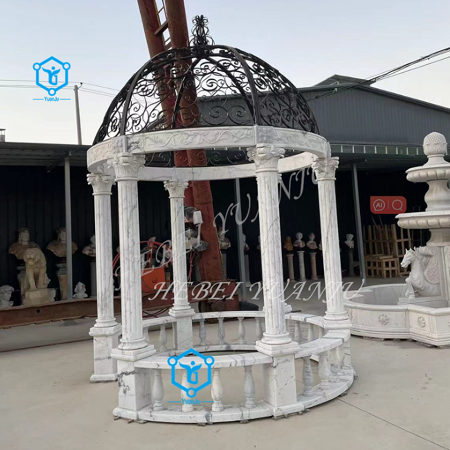 Red Marble Made Hand Carved Garden Roman Stone Gazebo Square Round Marble Gazebo with Woman Statue